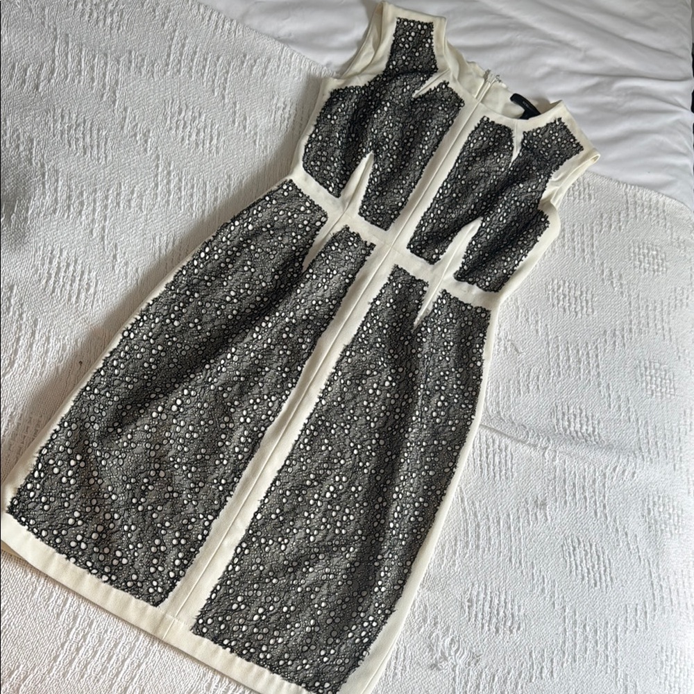 BCBGMaxAzria fitted cream and black lace cocktail dress
